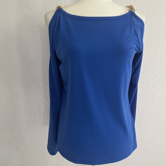 Michael Kors Royal Blue Cold Shoulder Blouse with Gold Shoulder Chain Accents - Picture 1 of 6